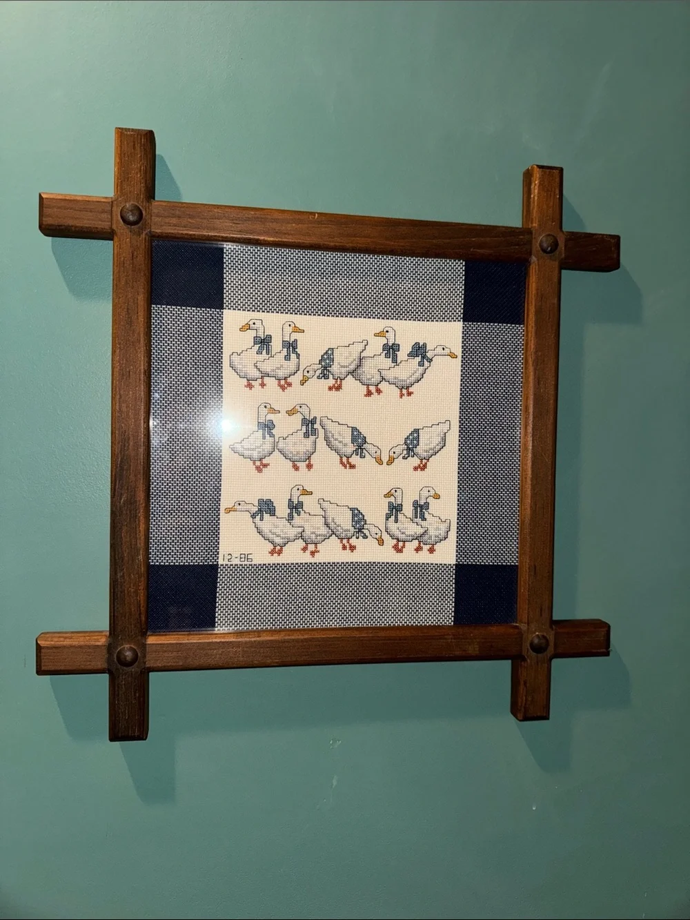 Vintage Framed Cross-Stitch Geese Wall Art - Blue & White w/wooden frame-goose